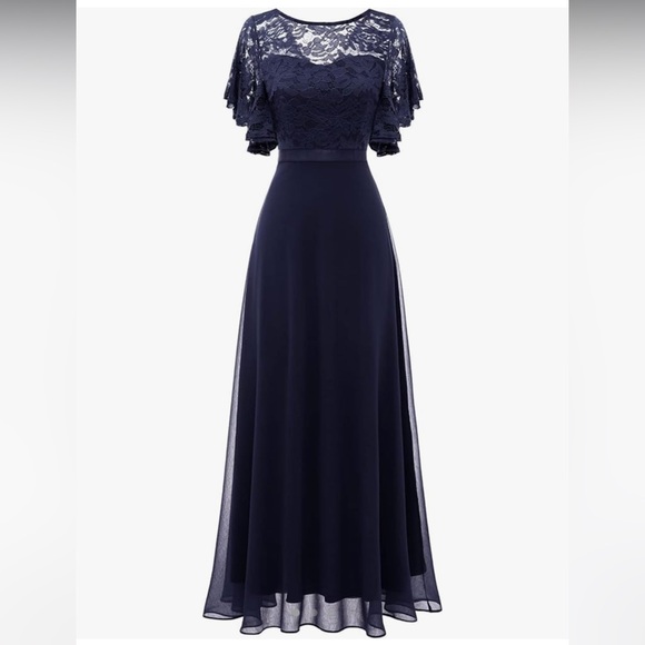 NAVY Elegant Blush Chiffon & Lace Evening Gown for Bridesmaid - Picture 2 of 6